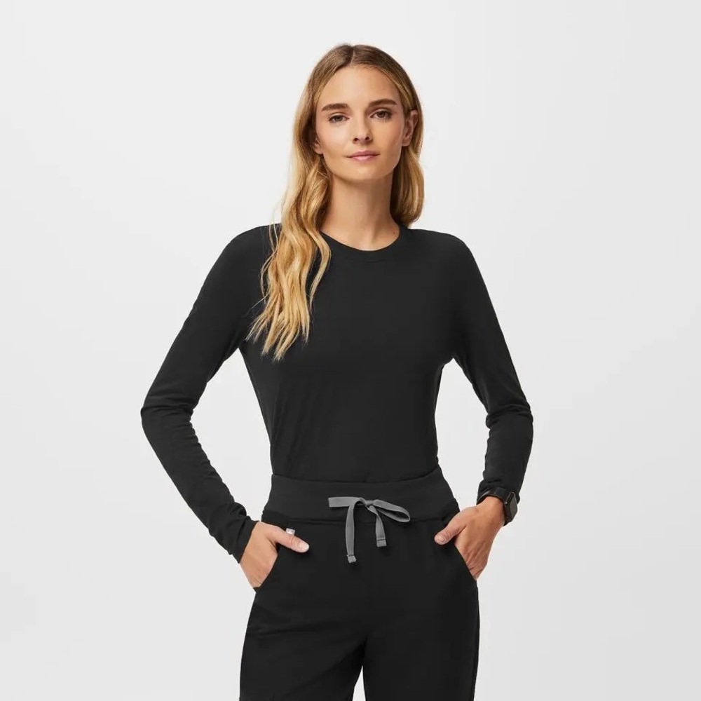 Figs Supersoft Long Sleeve Underscrub Crew T-Shirt XS Black Pima Cotton Modal